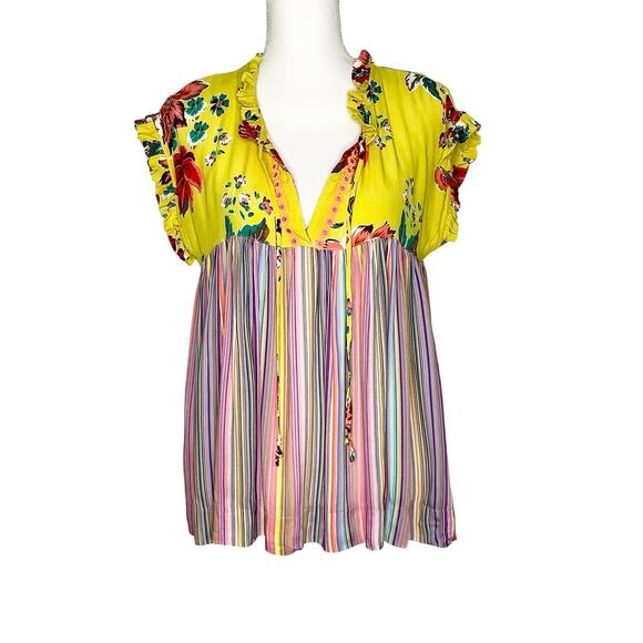 Ivy Jane Yellow Floral Multicolor Striped Baby Doll Blouse Top XS - Picture 1 of 6